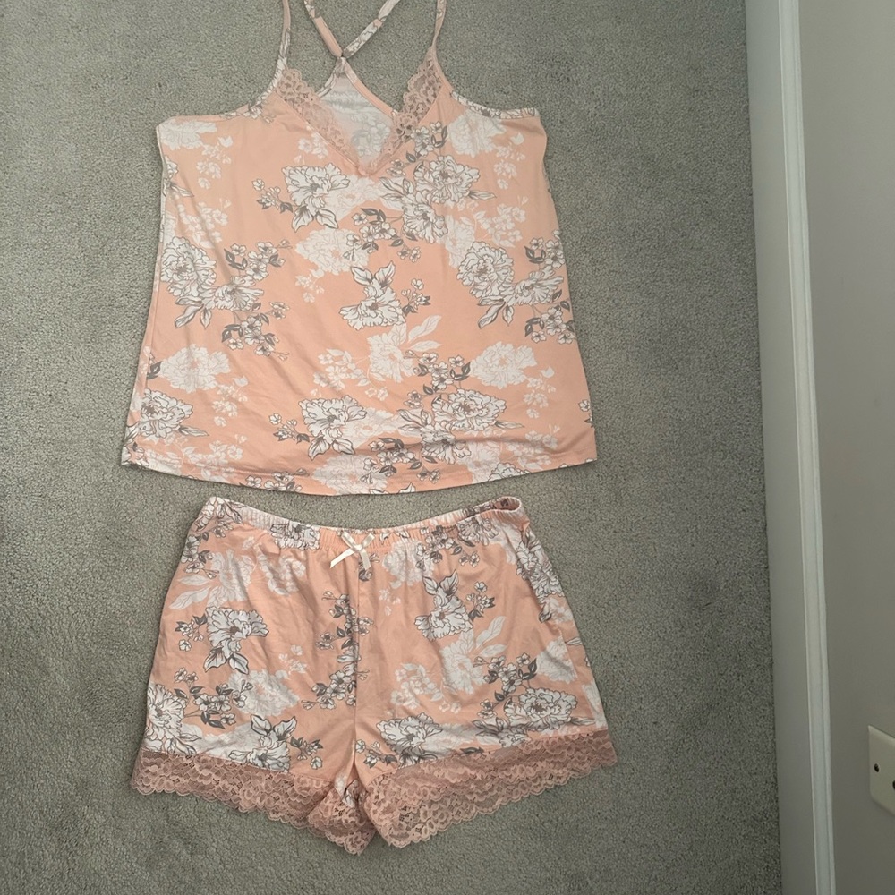Tahari Peach Floral Lace Cami & Shorts Pajama Set